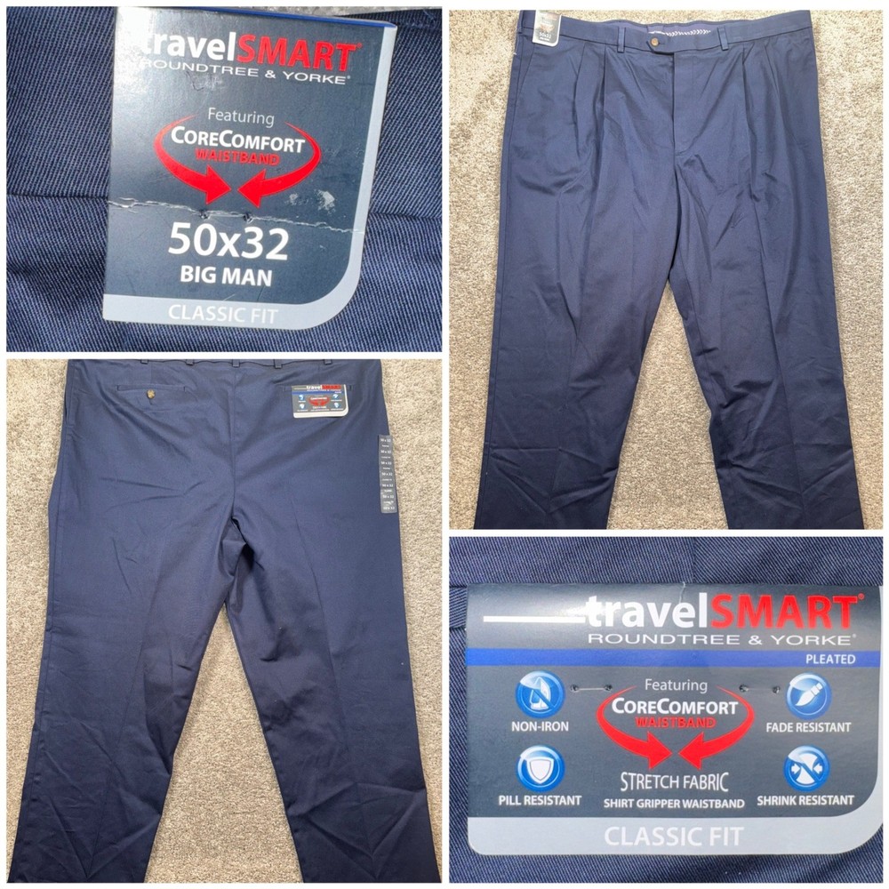 Roundtree & Yorke TravelSmart Dress Pants Men 50x32 Pleated Cuffed Navy Blue NEW