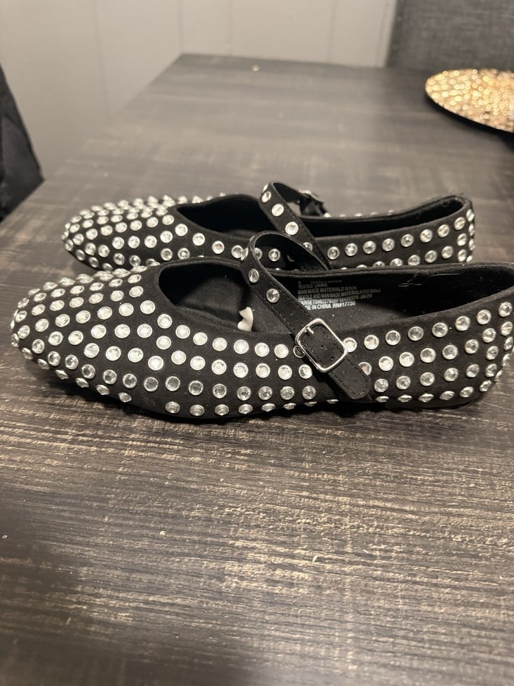 A New Day Black Silver Studded Mary Jane Flats Buckle Polka Dot Round Toe Women