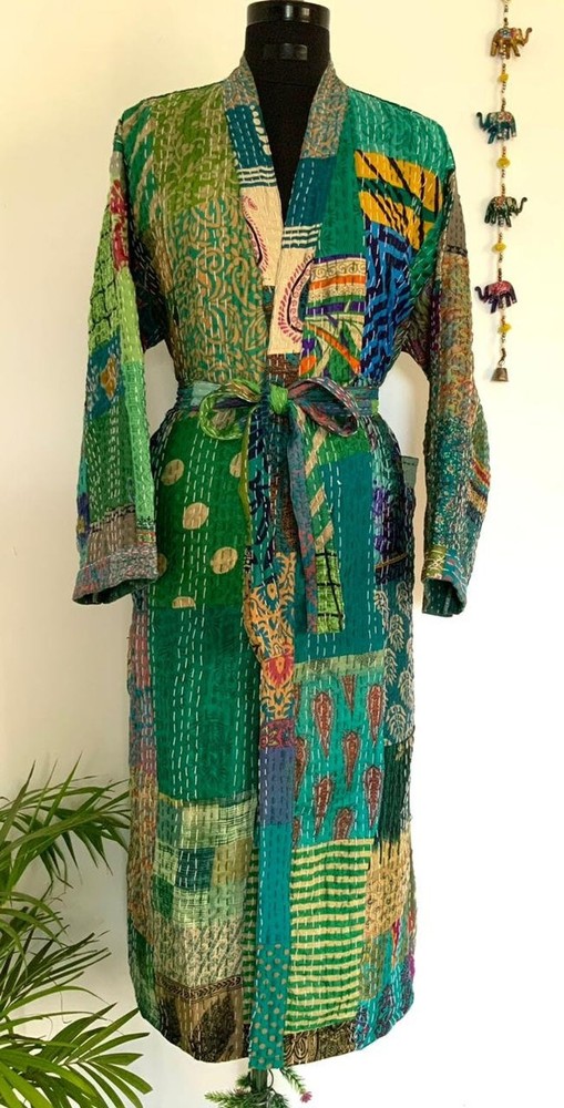 Indian Patchwork Kantha Jacket, Soft Silk Kantha Jacket, Cotton Bath Robe Kimono