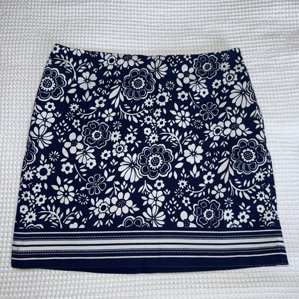 Talbots Petite Skirt Navy Blue White Floral Lined Womens 16P Cotton Resort ALine