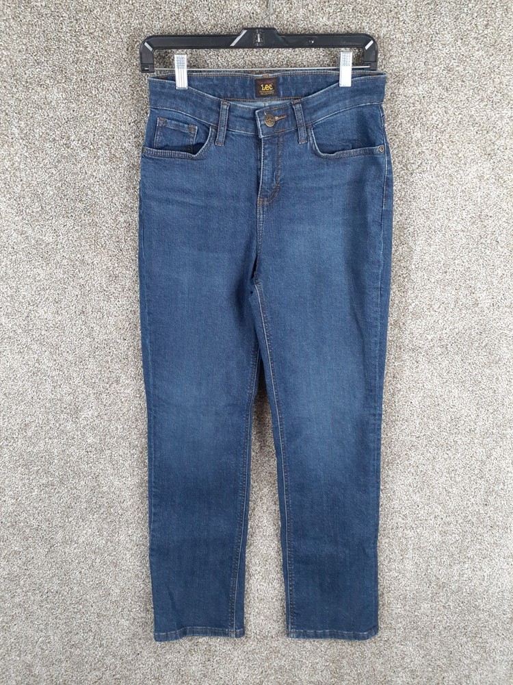 Lee Womens Straight Leg Jeans Mid Rise Stretch Denim Pockets Medium Blue Size 4