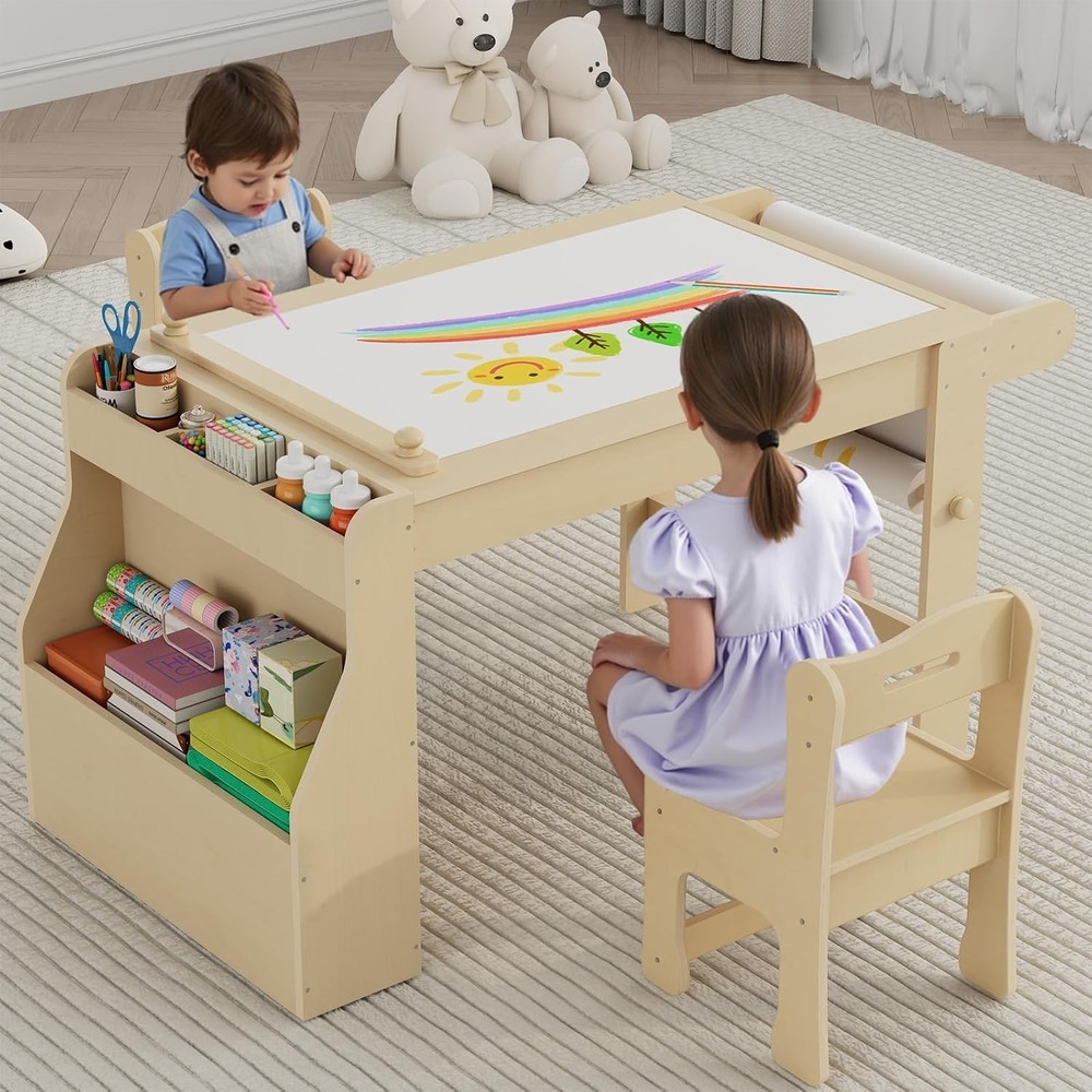 Kids art table with 2 chairs and craft storage in white and beige