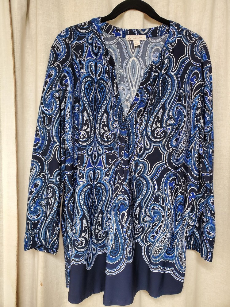 CJ Banks Womens Plus Size Blue/ White/ Black Paisley Print Top Size 1X