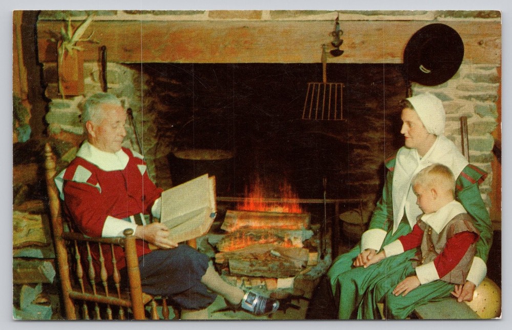 Vintage Lusterchrome Postcard: Plimoth Plantation Pilgrim Family Bible Reading