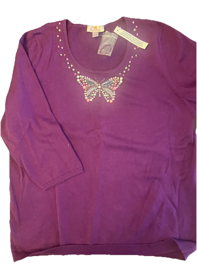 Ladies Quacker Factory Purple Sequins Butterfly Round Neck 3/4 Sleeves Top Sz L￼