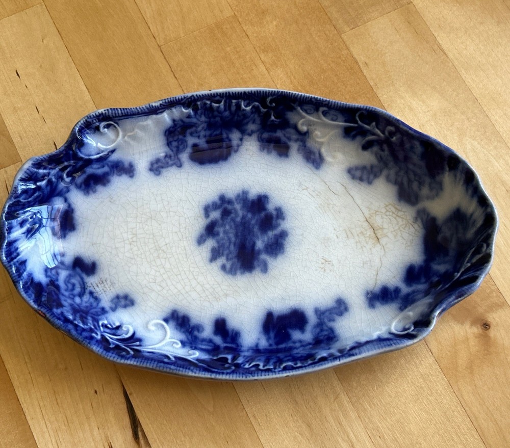 Thomas (Thos) Hughes And Son Flow Blue Semi Porcelain Oval Bowl - England 8”