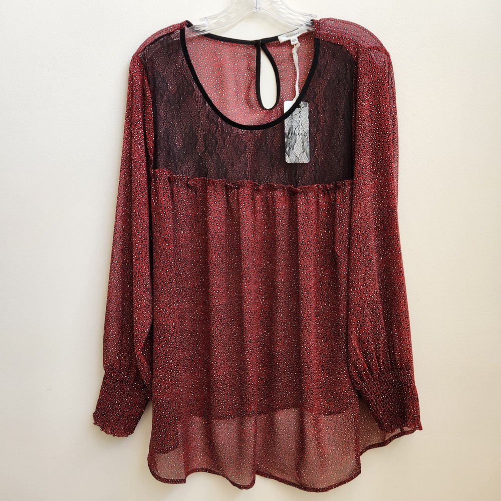 Pleione Top Womens 1X Red Black Lace Sheer Long Sleeve Blouse Boho Paw Print