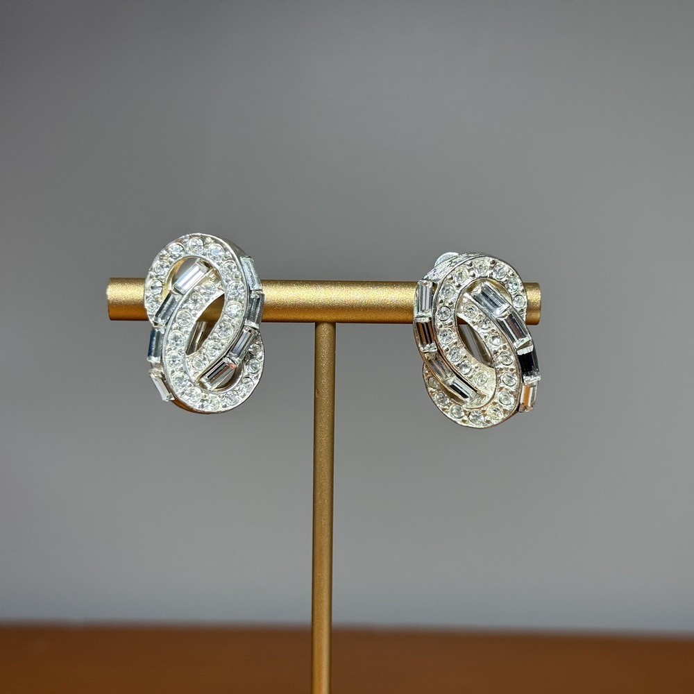 Vintage Carolee Rhinestone Clip On Earrings , Beautiful Silver Tone