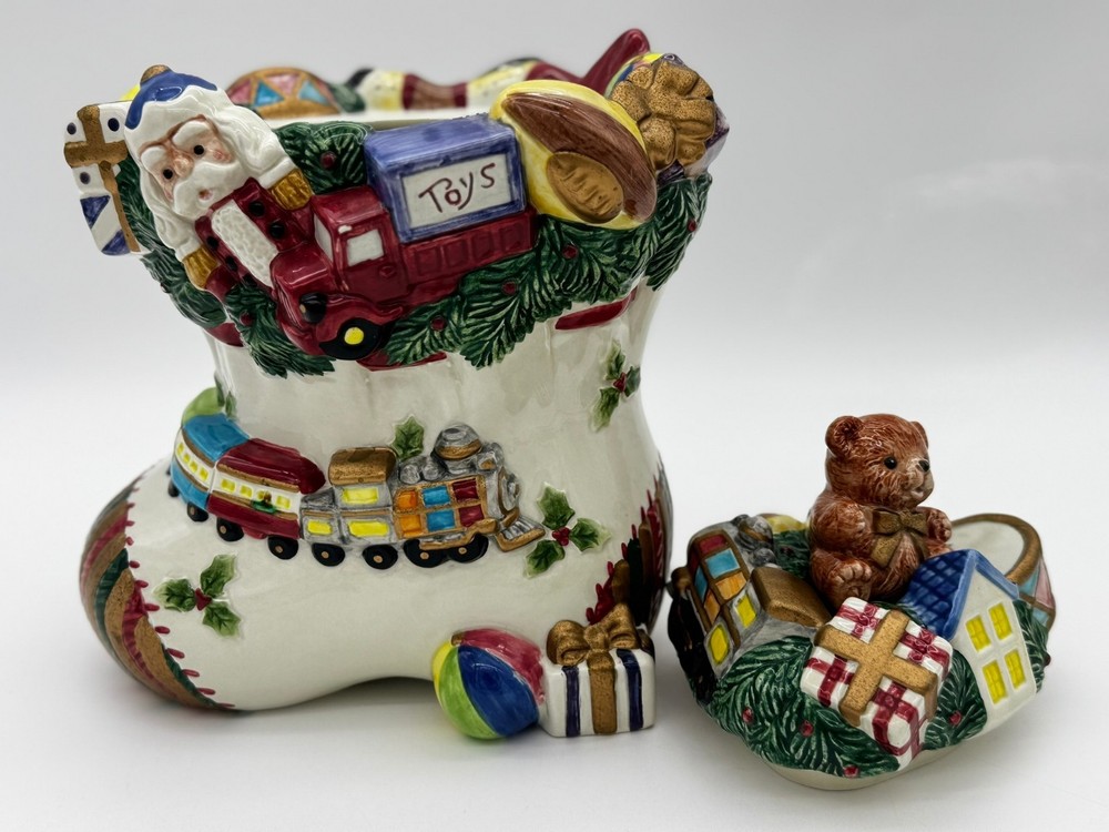 Fitz & Floyd Omnibus Ceramic Christmas Stocking Toyland Cookie Jar Keeper CLEAN