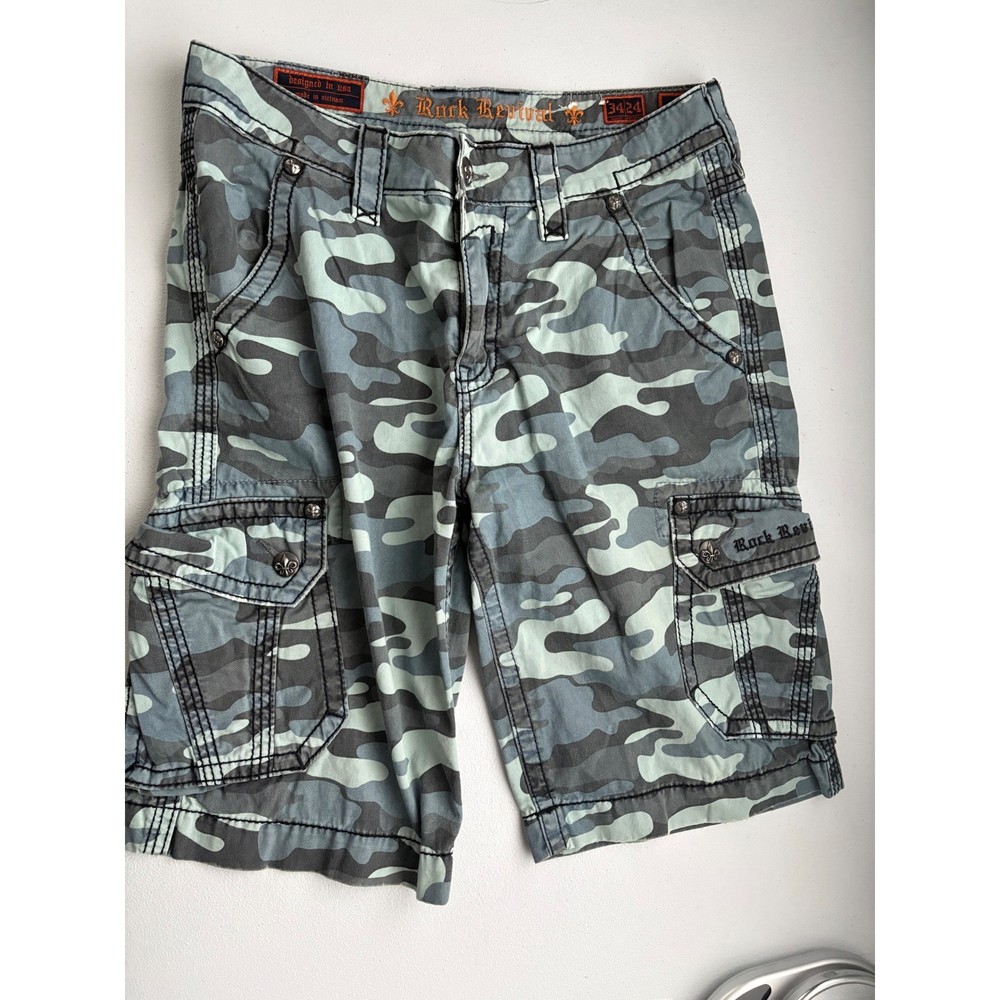 Rock Revival Mens Camo Cargo Shorts Blue Grey Embroidered Classic Fit Size 34