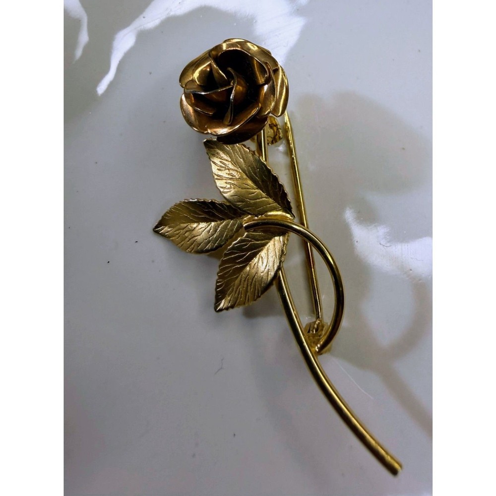 Vintage C.R. Co. 12K GF Rose Brooch Pin Gold Filled Flower Leaf Mid Century