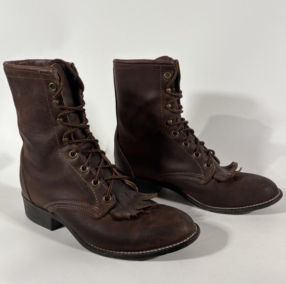 Laredo VTG Boots Kiltie Womens Size 8 Lace Up Roper Brown Leather Western