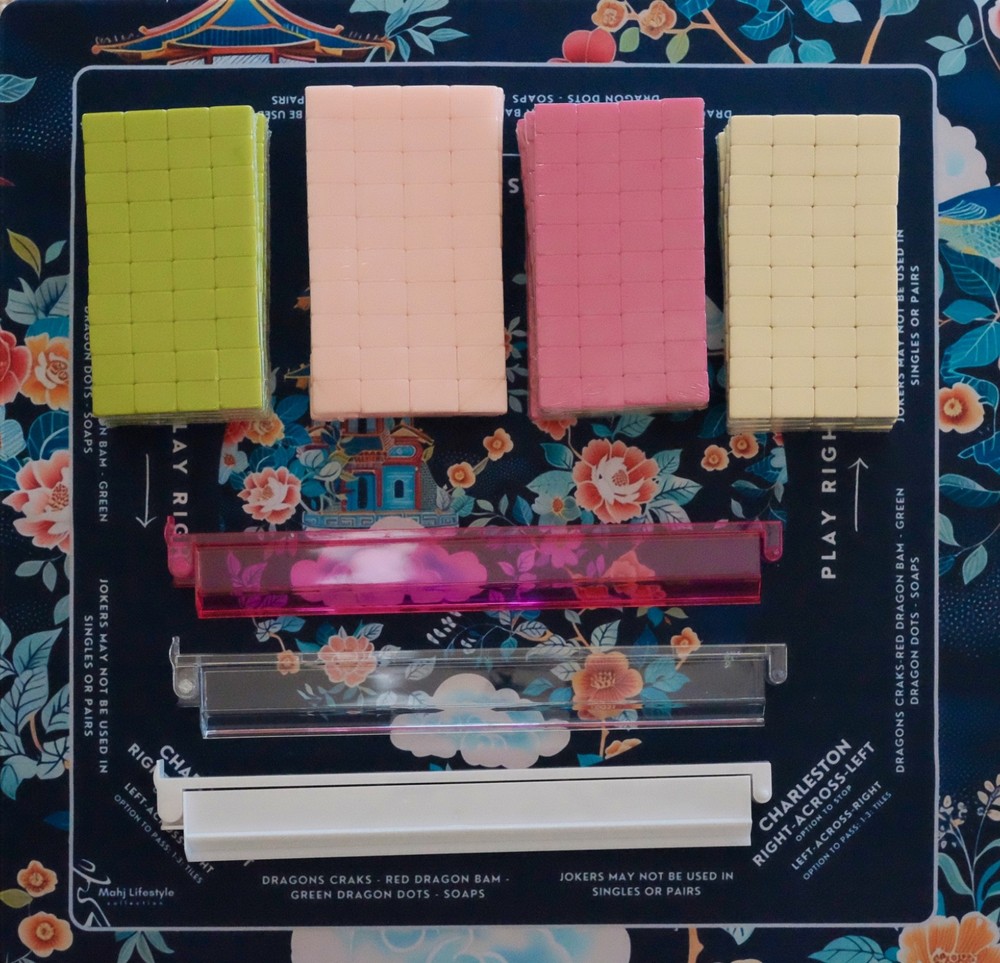 Mahjong Starter Bundle - Pink Parisian Tiles, Navy Pagoda Mat & Acrylic Racks