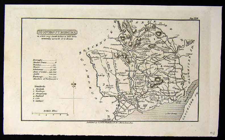 1824 Whittaker Map - Monmouthshire Monmouth England UK