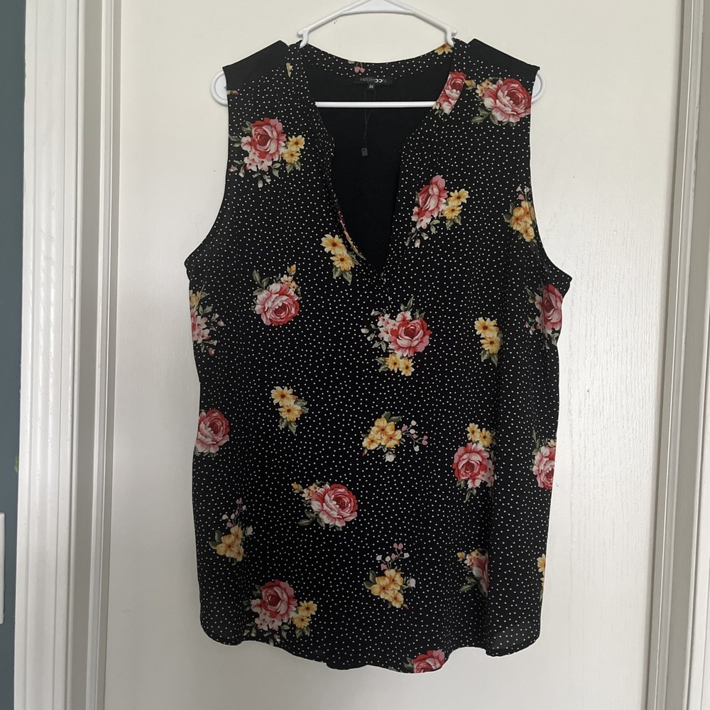 Paper Moon Women's Sleeveless Blouse Top Black Floral Print, V-Neck, Size 2X