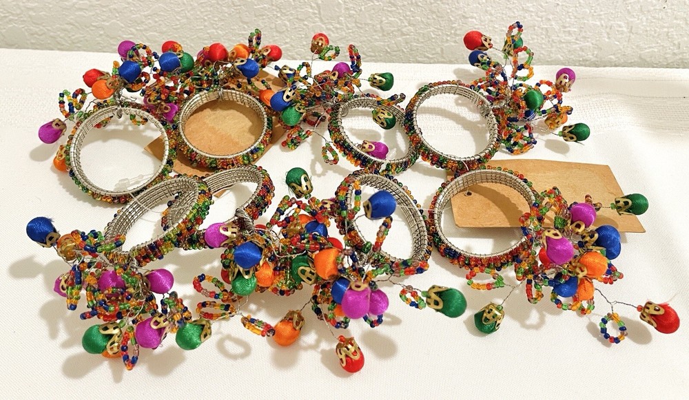 Vintage Colorful Beaded&Wired Napkin Rings-Set of 8-Bohemian-New with Tag-India