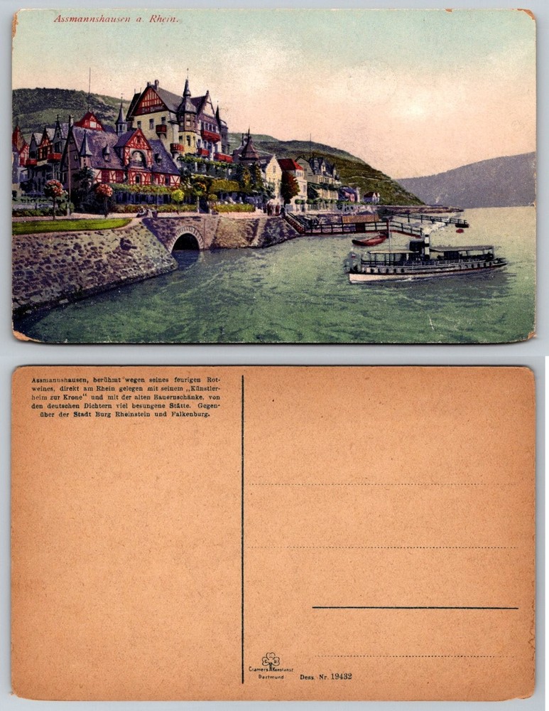 Assmannshausen a. Rhein Germany Steamboat River Rhine Postcard c.1910