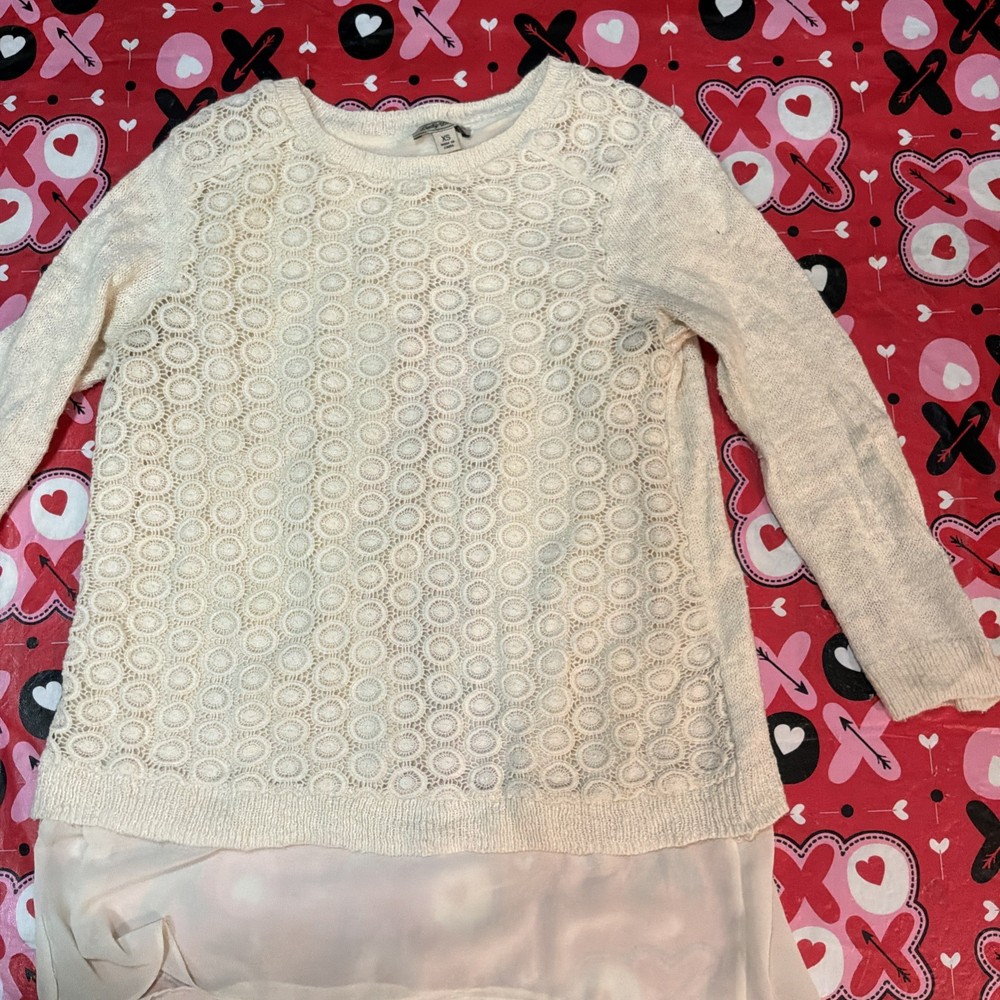Lucky Brand Women’s Cream Lace Trim Top M Long Sleeve Boho Knit Scoop Neck