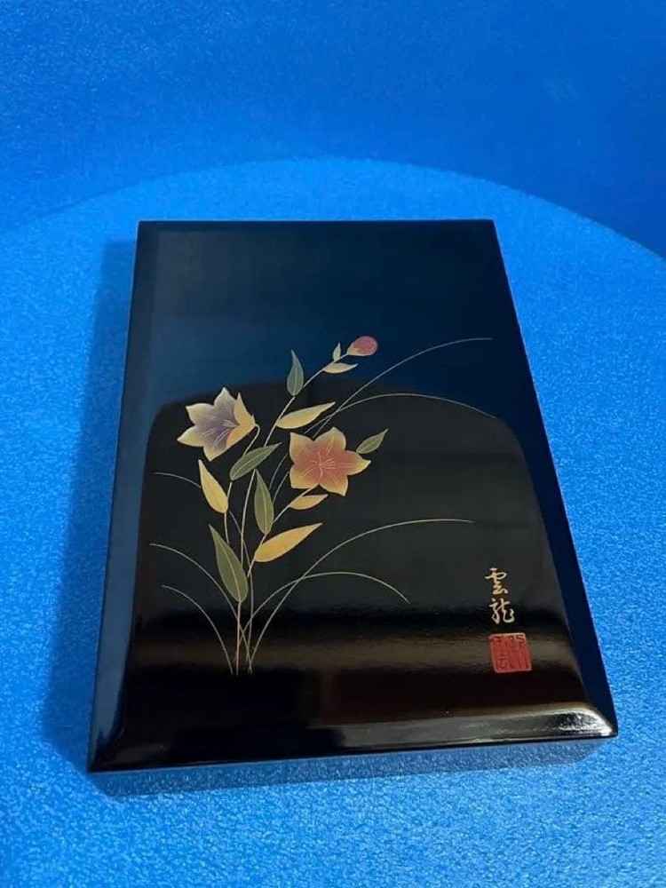 Aizu Lacquerware Flower Pattern Inkstone Box Black 21cm Japanese Made