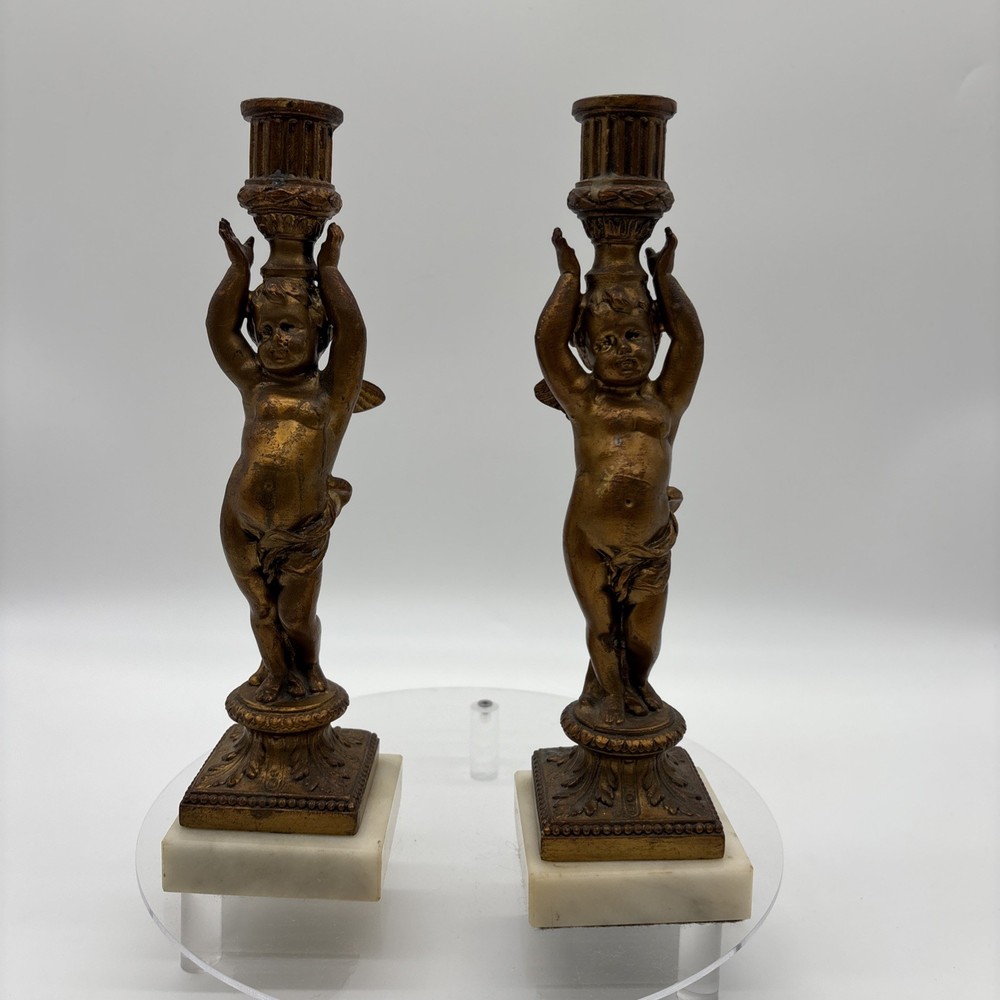 Vintage 1970s Hollywood Regency Gilded Cherub Candlesticks Pair Marble Base