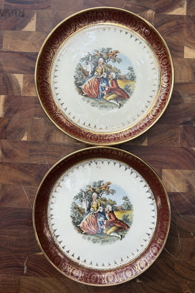 New York China 22K Gold Burgundy Rim Courting Couple Scene Round Plate Set of 2