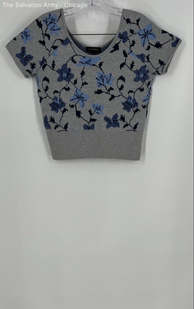 Club Monaco Womens Gray Light Blue Floral Wool Knitted Cropped Blouse Top Size L