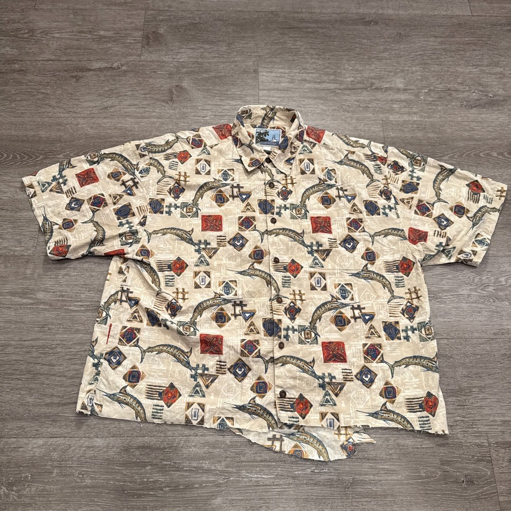 AFTCO Shirt Adult 2XL BLUE WATER Short Sleeve Cotton Button Up Sword Fish Costal