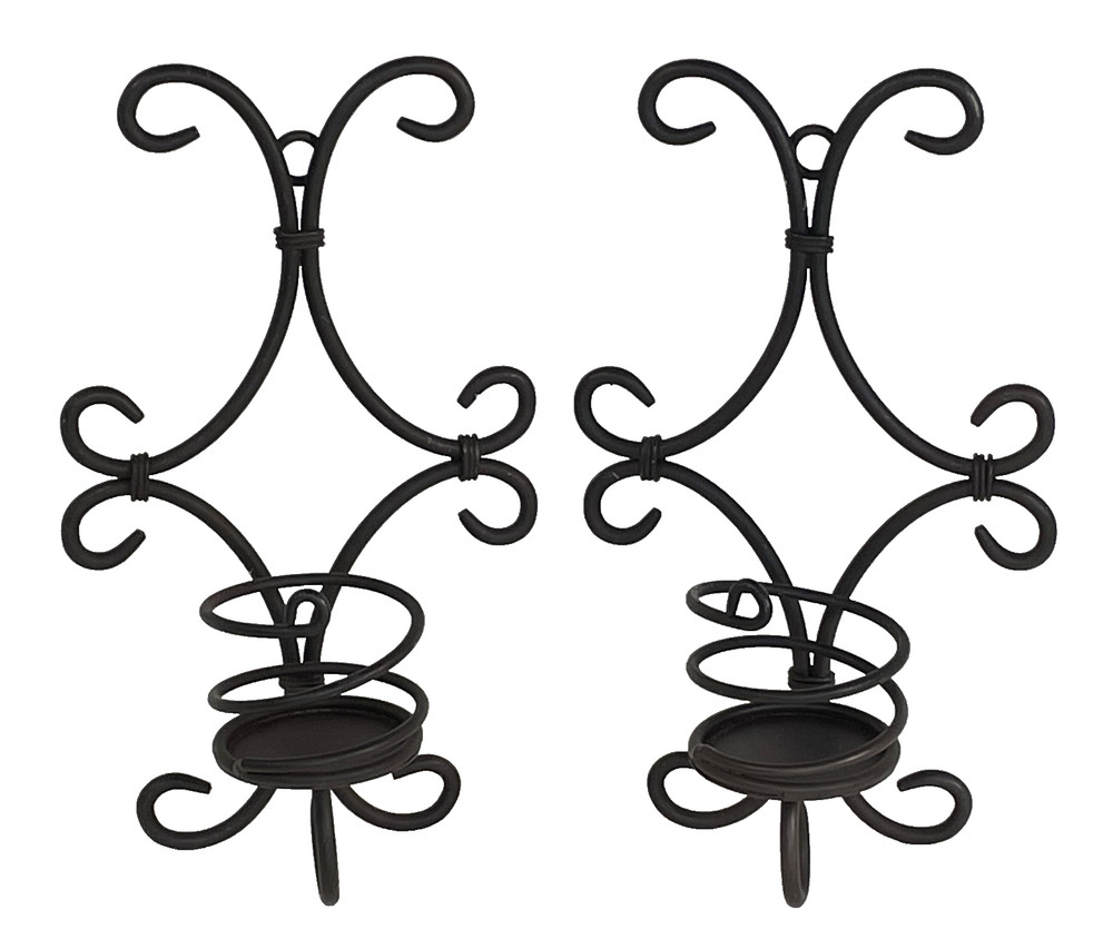 2 Wrought Iron Style Wall Sconces Metal Scrollwork Candle Holder Black Rustic