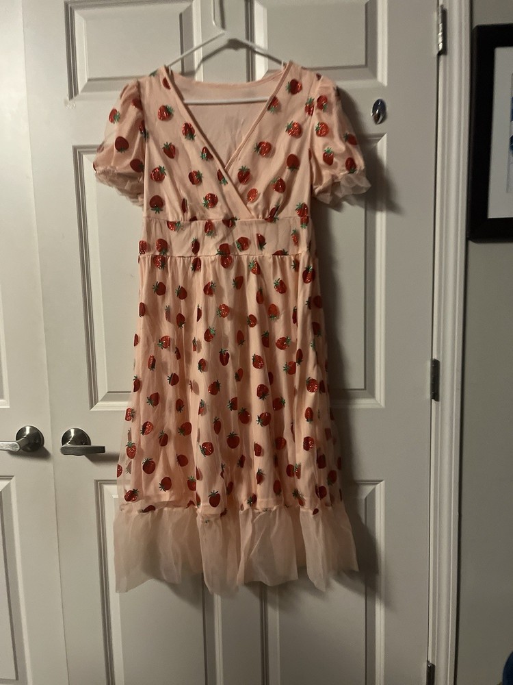 Pink Strawberry Print Tulle Midi Dress Puff Sleeve Ruffle Accent V-Neck