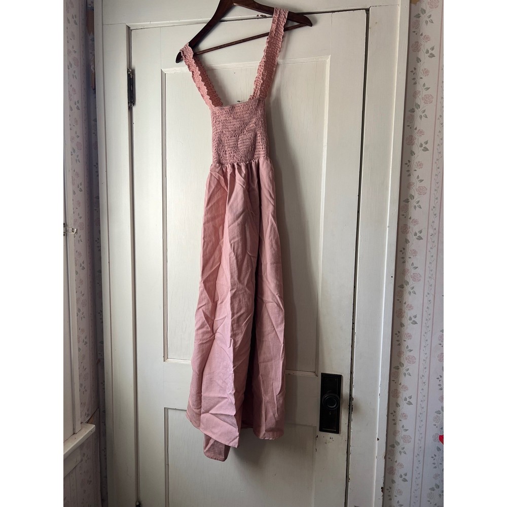 Pink Smocked Bodice Maxi Dress Tie Back Straps Ruffle Detail Vacation Resort