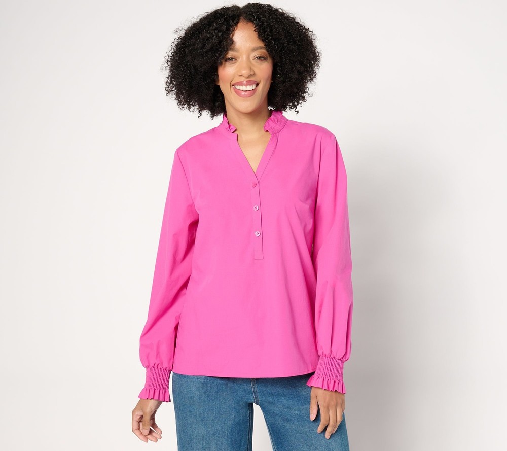 Studio Park Women's Top Sz L Ruffle Collar Smocked Cuff Henley Shirt Pink