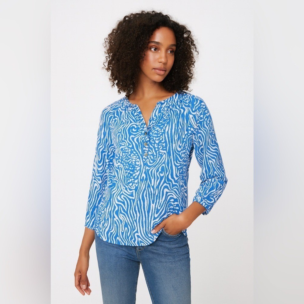 Lilly Pulitzer Camille Silk Top Blue White Print XS