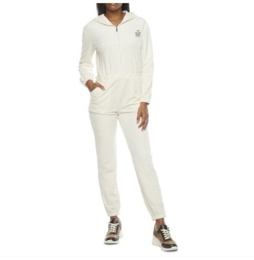 Juicy Couture Jumpsuit Women's Ivory Velour Hooded One Piece Loungewear Sz XL