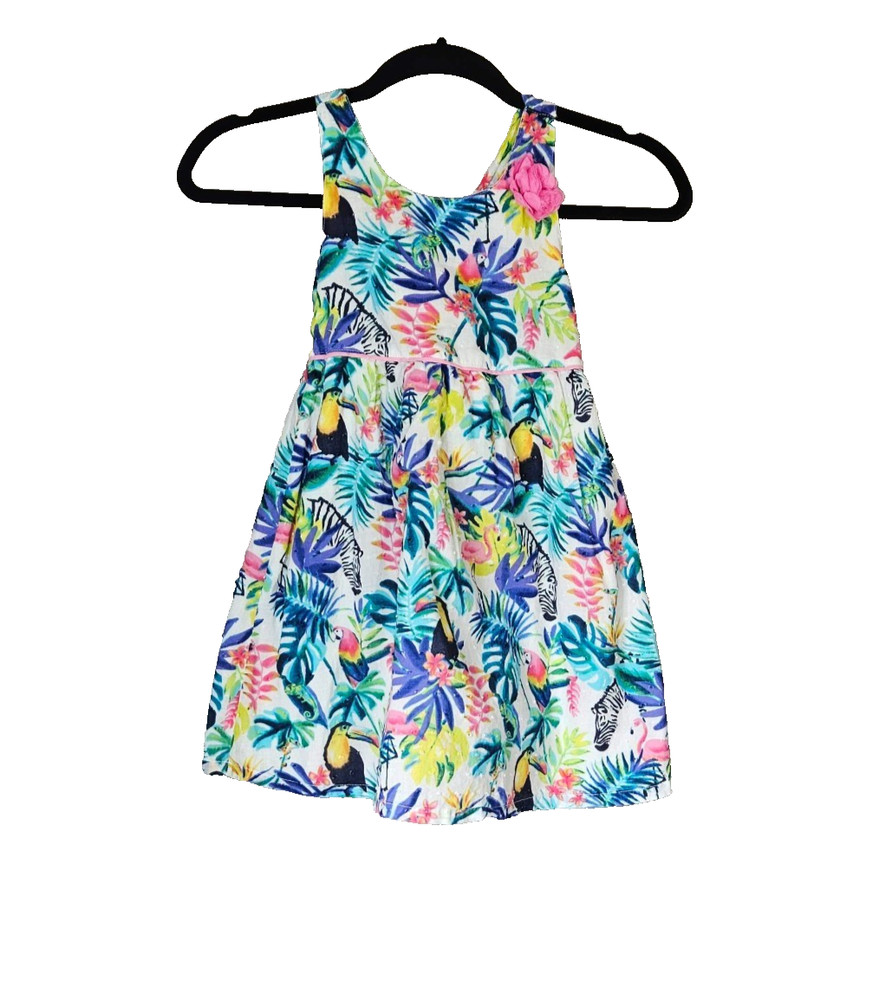 Penelope Mack Girls 6 Sleeveless Dress Tropical Toucan Zebra Cotton Dobby EUC