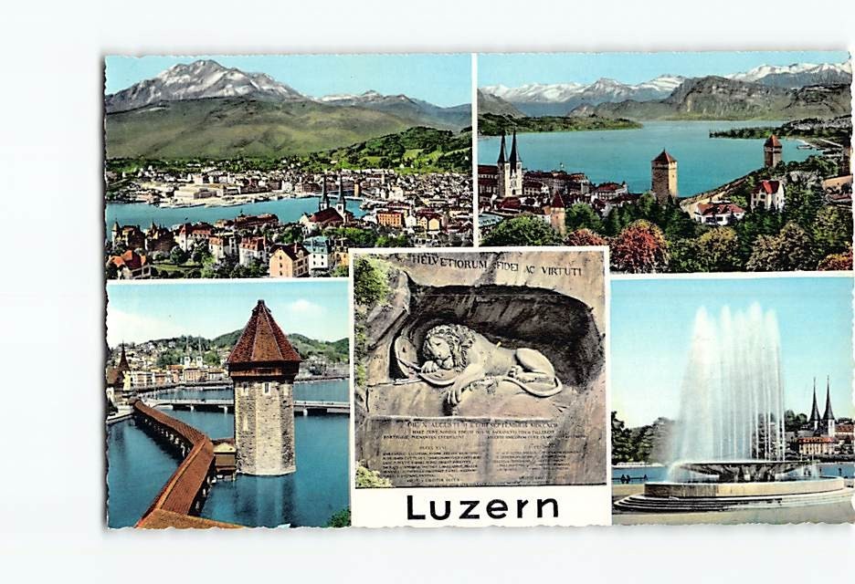 Postcard Luzern Switzerland Multi View Lion Monument Chapel Bridge Water Tower