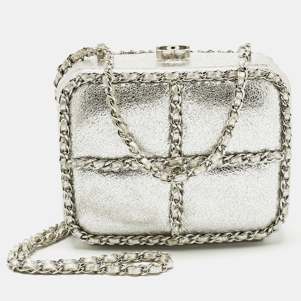 Chanel Silver Leather Box Chain Clutch with Metal Accents  