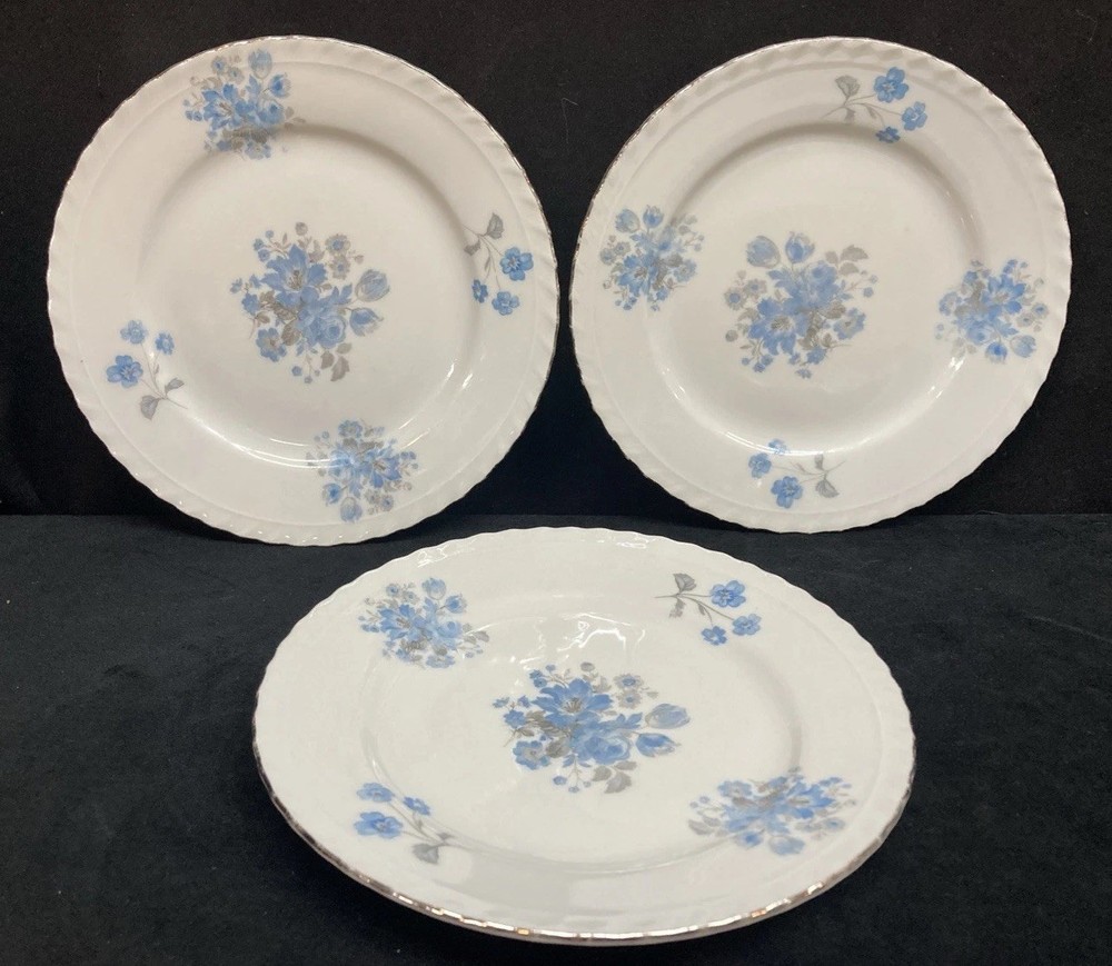 Fine Bohemian China Blue Floral Porcelain Side Plates 6.75” Set of 3