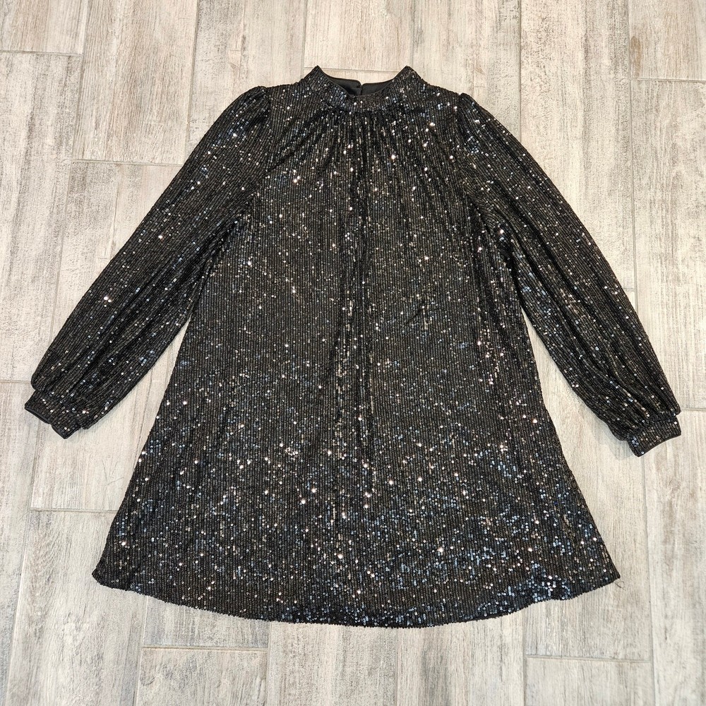 Belle Badgley Mischka Dress Women Size 4 Black Sequin Long Sleeve Party Cocktail