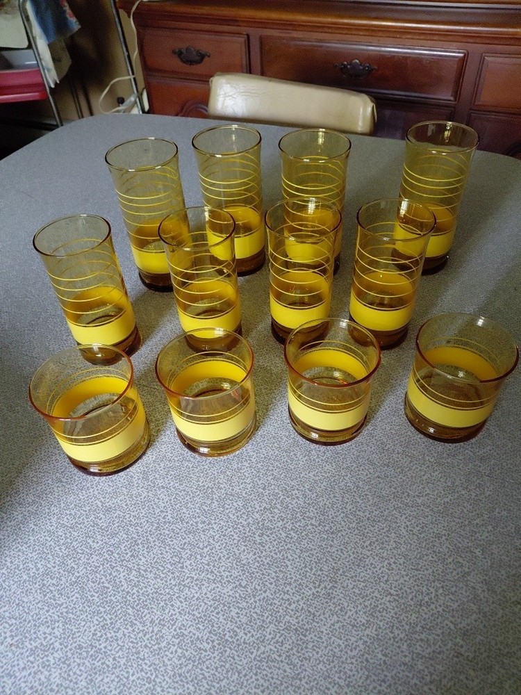 Vintage 70s Set Of 12 Libbey Amber Yellow - Brown  Stripe- Drinking Glasses