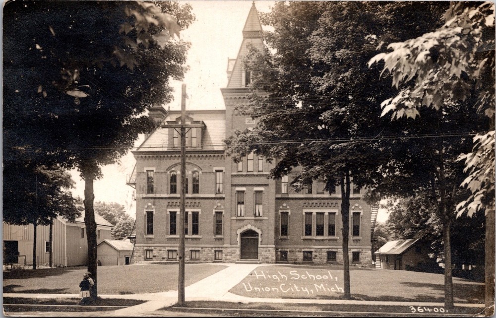 Real Photo Postcard High School in Union City, Michigan