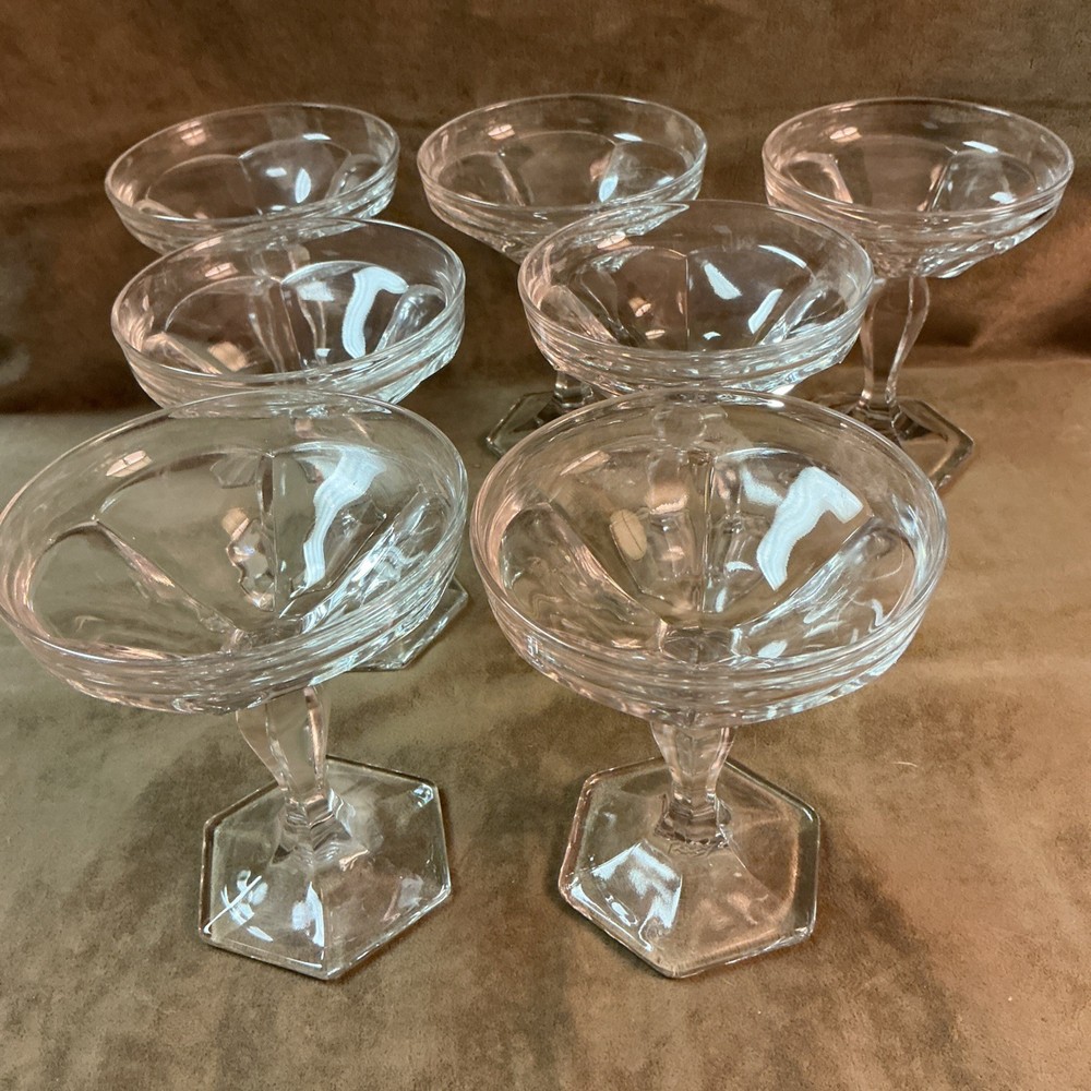 Vintage 1920S Heisey Clear Color Glass Champagne Coupe Lot Of 7 Panel Design