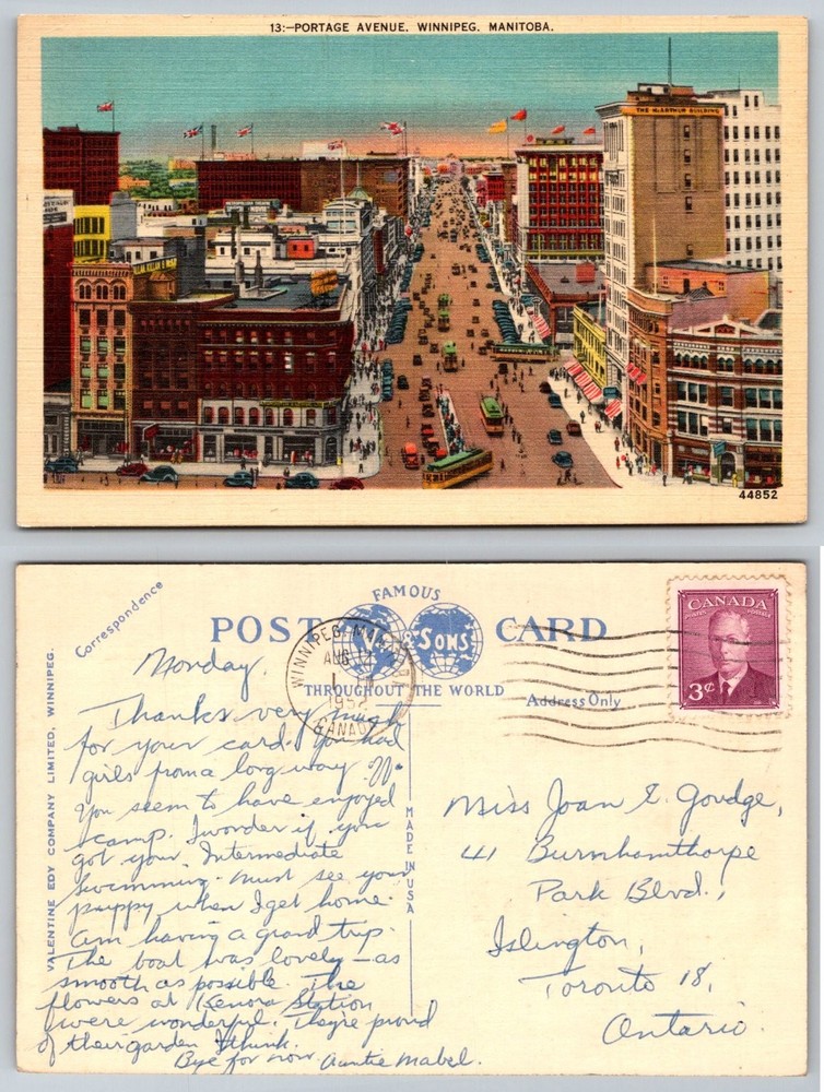 Vintage 1952 Portage Avenue Winnipeg Manitoba Streetcar Postcard