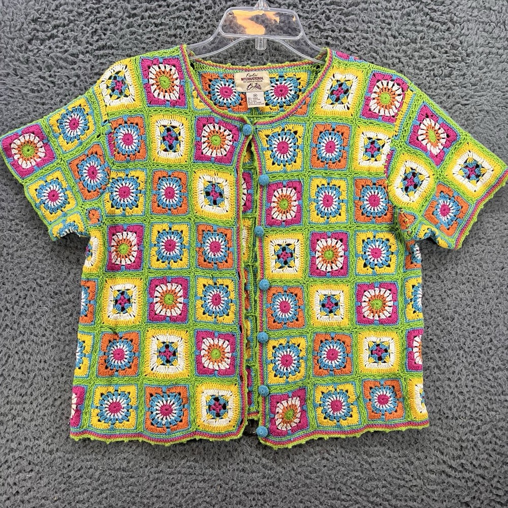 Vtg Cardigan Sweater Medium S/S Patchwork Crochet Grannycore Boho Cottagecore