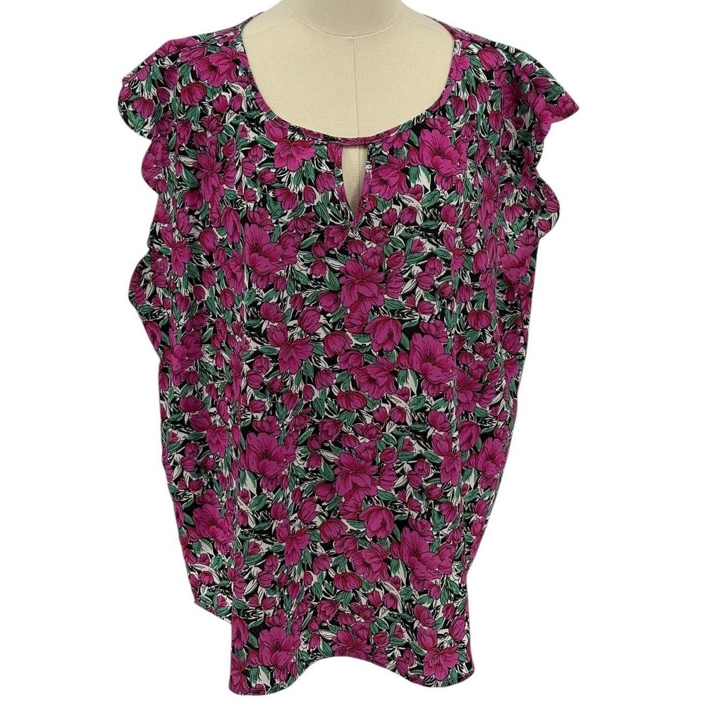 SHEIN Curve Plus Size 4XL Floral Print Flutter Sleeve Keyhole Neck Blouse Women