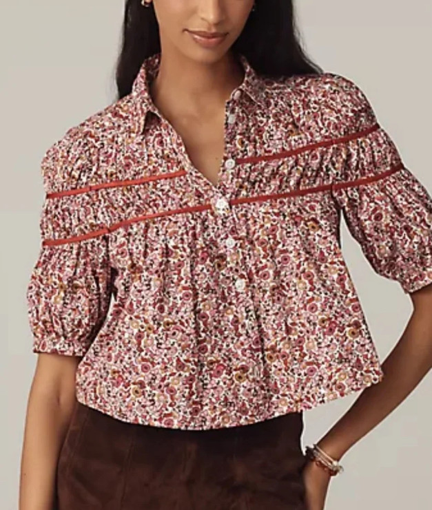 Anthropologie Maeve Leander Shirred Yoke Blouse Pink Plum Floral MEDIUM