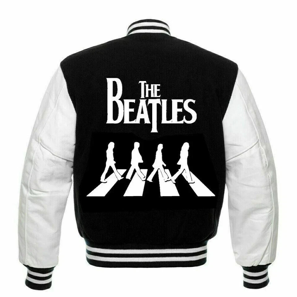 The Beatles Logo Varsity Jacket Wool with Genuine Leather Sleeves