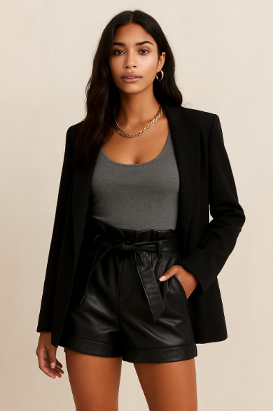 Faux Leather Ultra High Rise Paperbag Belted Black Shorts Size Medium NWOT