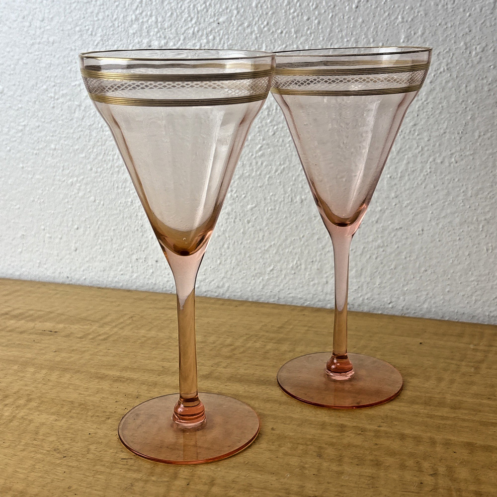 Set of 2 Pink Depression Glass Gold Trim & Etched Glasses