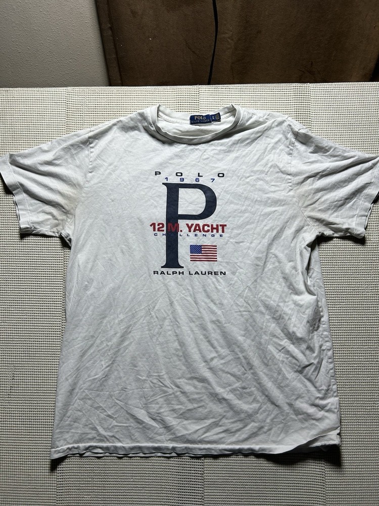 Polo Ralph Lauren Shirt Mens LT  White 1967 12M Yacht Challenge Flag Logo