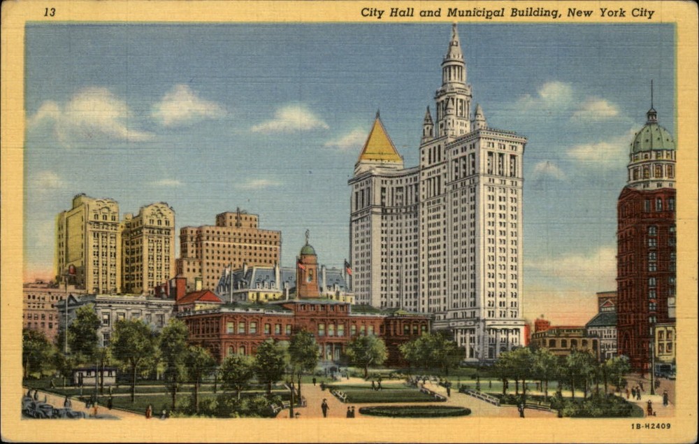 New York City New York City Hall Municipal Bldg skyline unused linen postcard